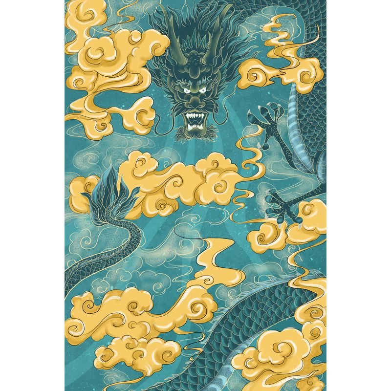 Aqua Dragon with Cloud Mural Decal Moisture Resistant Chinese Style Bedroom Wall Decor