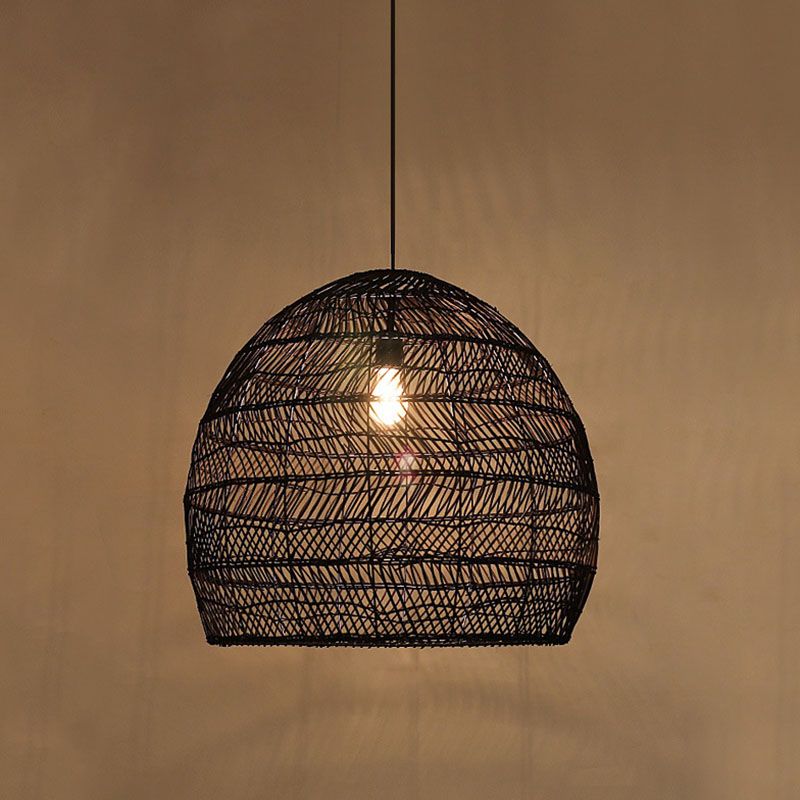 Rattan Cloche Pendant Ceiling Light Asian Single-Bulb Suspension Lighting over Dining Table