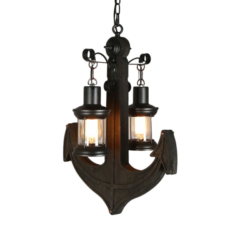 Clear Glass Black Chandelier Lighting Kerosene 2-Light Industrial Hanging Ceiling Light with Wood Anchor Design
