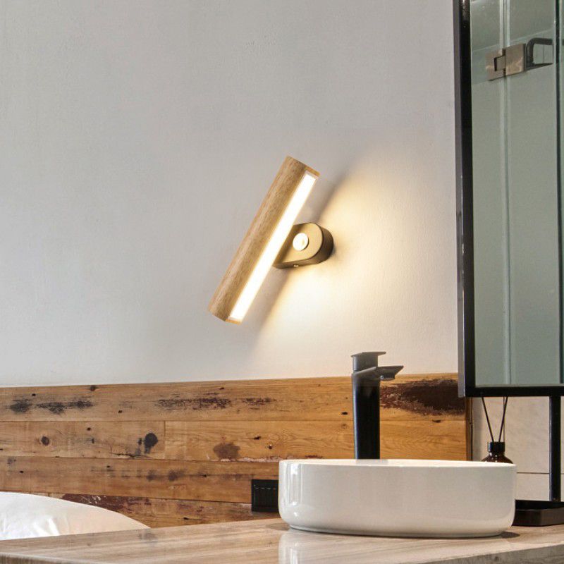 Japanese Style Wooden Wall Light Cylinder Shape Rotatable Wall Lamp for Living Room