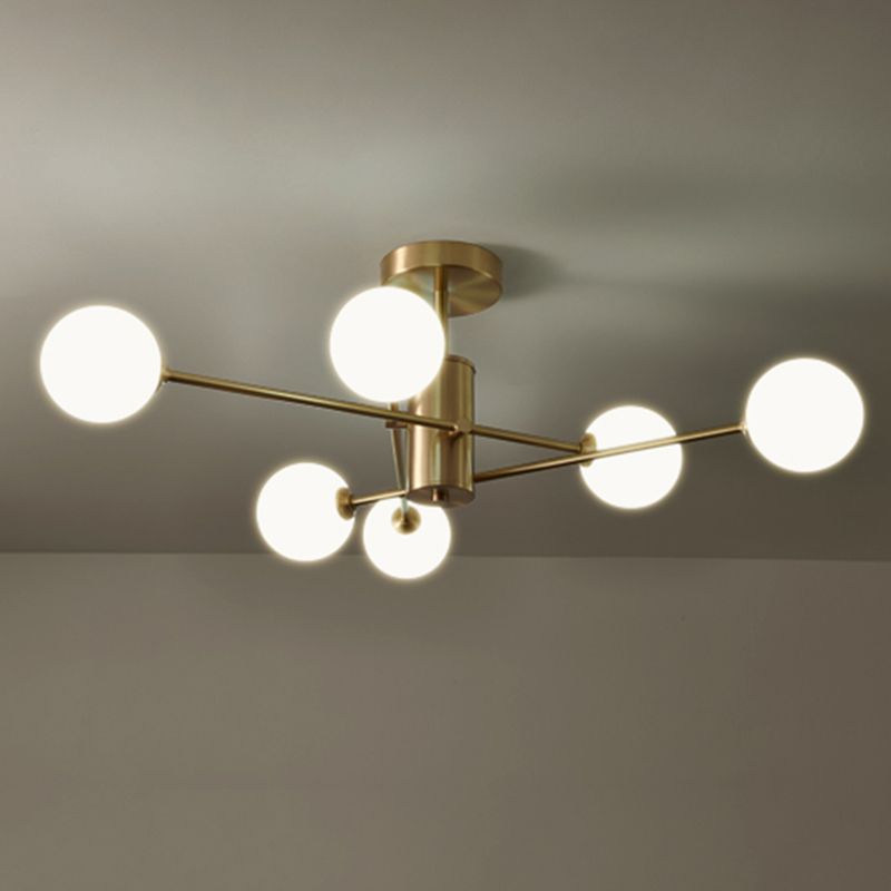 Gold Metal Ceiling Flush Mount Mid-Century Sphere Glass Shade Bedroom Semi Flush Mount Light