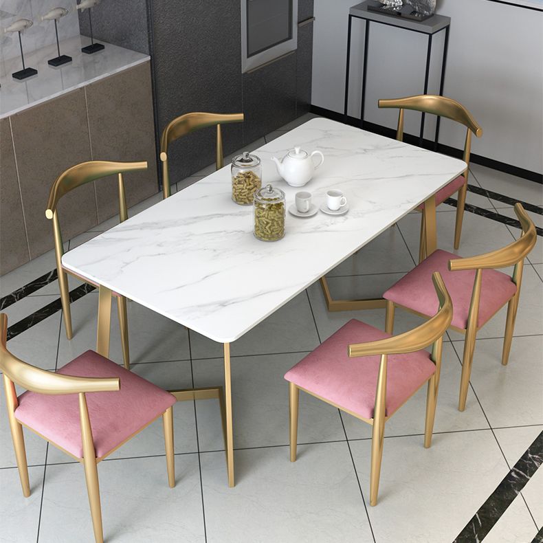 Glam White and Gold Dinette Set 1/2/5/7 Pieces Rectangle Stone Dining Table Set