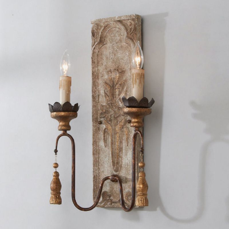 Country Swooping Arm Wall Sconce 2 Bulbs Metal Wall Mount Light Fixture in White with Wood Backplate