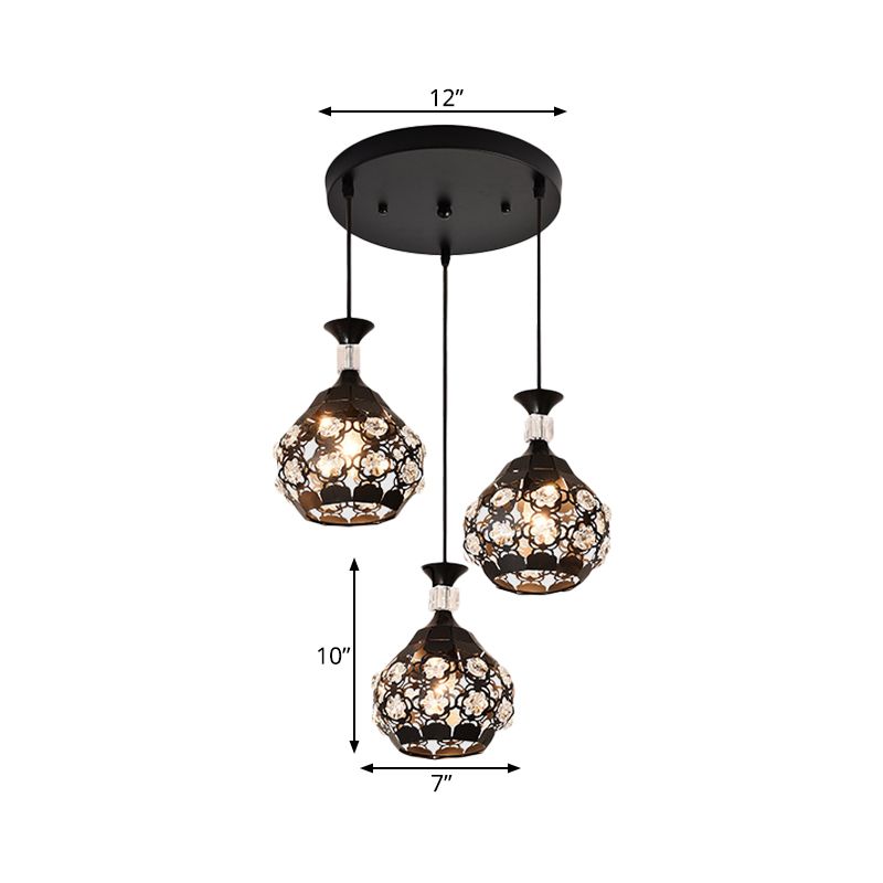 Black Hollow Out Floret Modernismo múltiple 3 luces Lámpara de suspensión incrustada de cristal