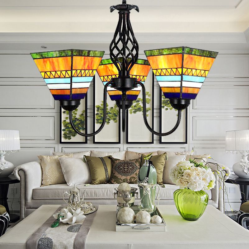 3 Lights Pyramid Hanging Light with Gooseneck Mission Stained Glass Ceiling Chandelier in Orange