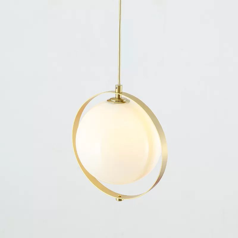 Globe White Glass Hanging Light Kit Modern 1 Light Pendant Lighting with Brass Ring