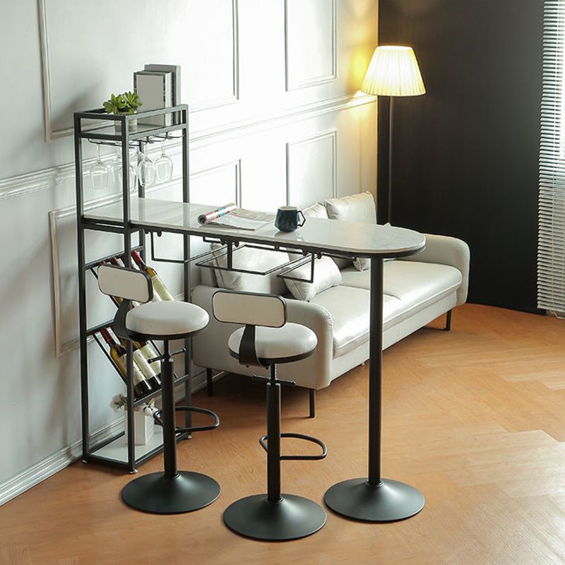 Specialty Marble Top Bar Table Glossy White Glam Pub Table with Wine Storage