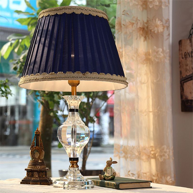 Lampada da comodino a forma di vaso modernista in cristallo trasparente con 1 lampada da lettura a testa in blu