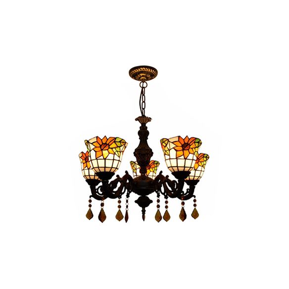 Bell Chandelier Tiffany Stained Glass 5 Lights Decorative Suspension Light with Sunflower Pattern