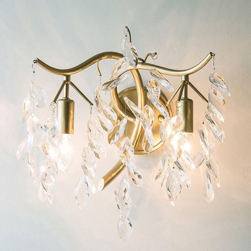 Follaje de 2 luces Diclas de pared de champán tradicional K9 Luz de pared de cristal para dormitorio