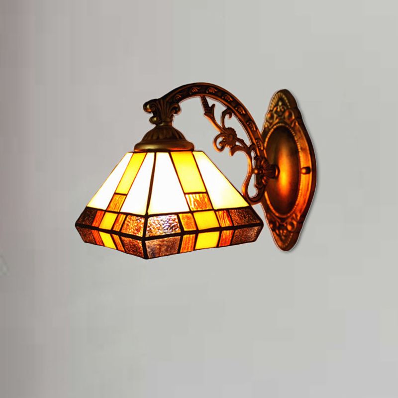 Stained Glass Tapered Wall Lighting 1 Head Mission Style Mini Wall Sconce Light in Antique Brass