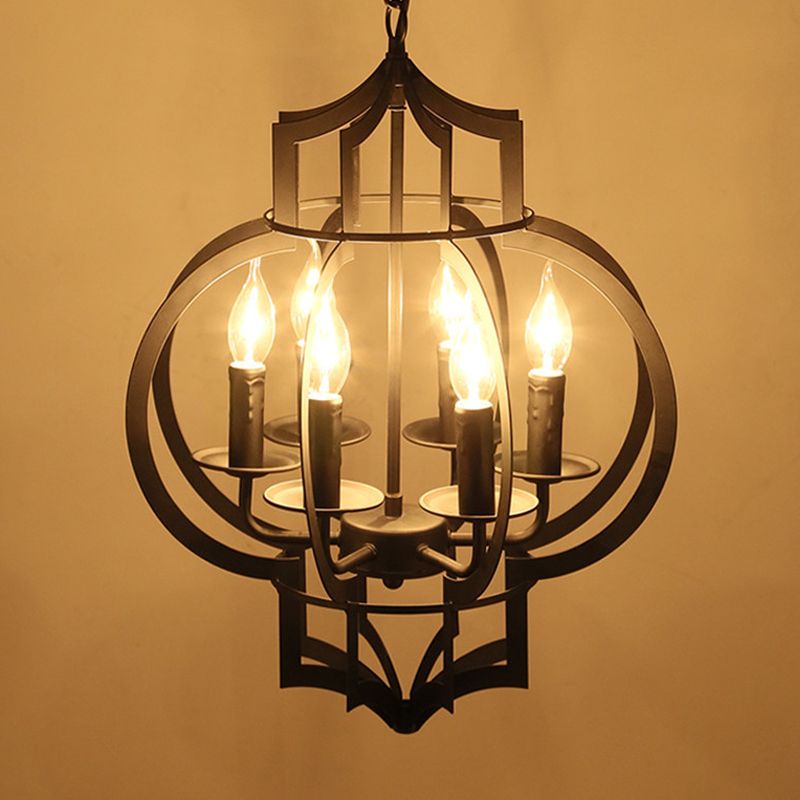 Metallic Black Hanging Chandelier Lantern 6-Light Retro Style Ceiling Suspension Lamp