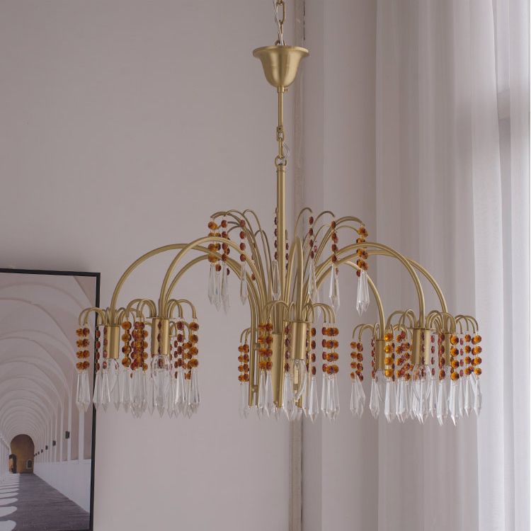 Country Style Branch Pendant Lamp Crystal Beading Chandelier in Brass for Cafe