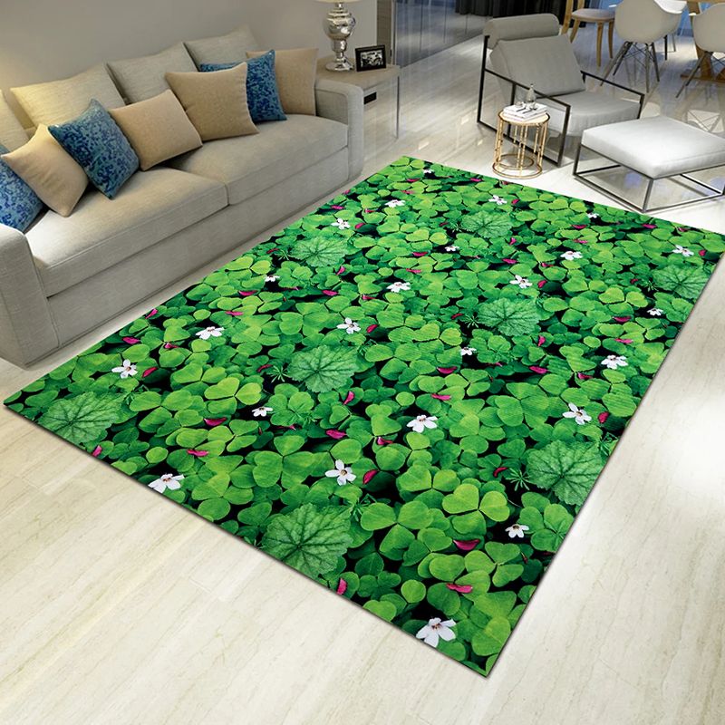 Green Tone Modern Area Carpet Polyester Plant Pattern Indoor Rug Anti-Slip Backing Carpet for Living Room
