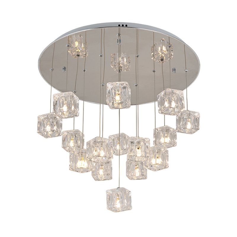 Clear Crystal Cube Multi-Pendant Modernist 15 Lights Silver LED Ceiling Suspension Lamp