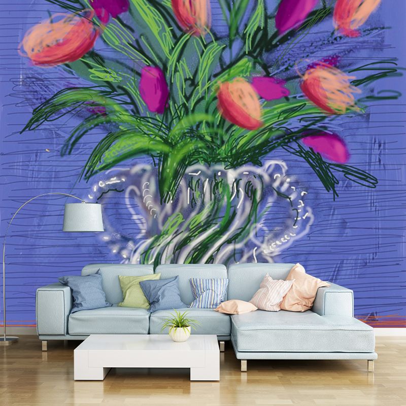 Still Life Tulip Flowers Mural Modern Art Non-Woven Fabric Wall Covering in Purple-Green