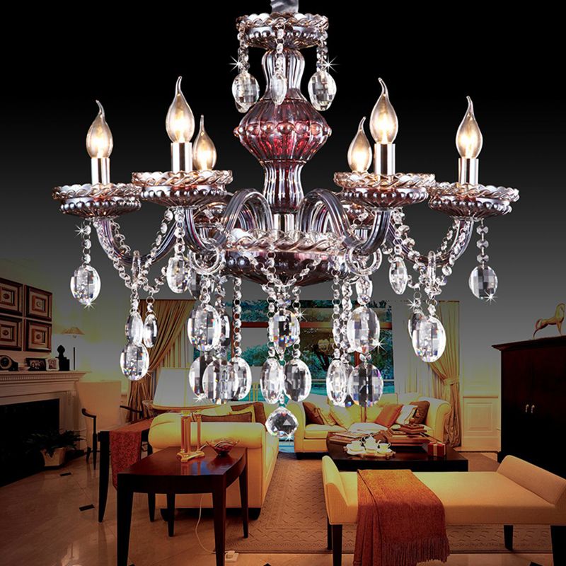 6-Light Candle Chandelier Traditional Clear-Red Crystal Hanging Light Fixture for Living Room