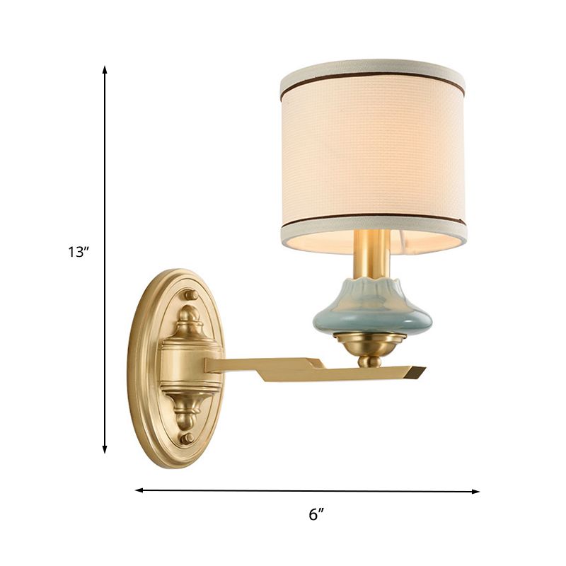 Lámpara de pared retro cilíndrica de tela 1/2 luz Luz de apliques de pared con tapa de porcelana en oro para porche