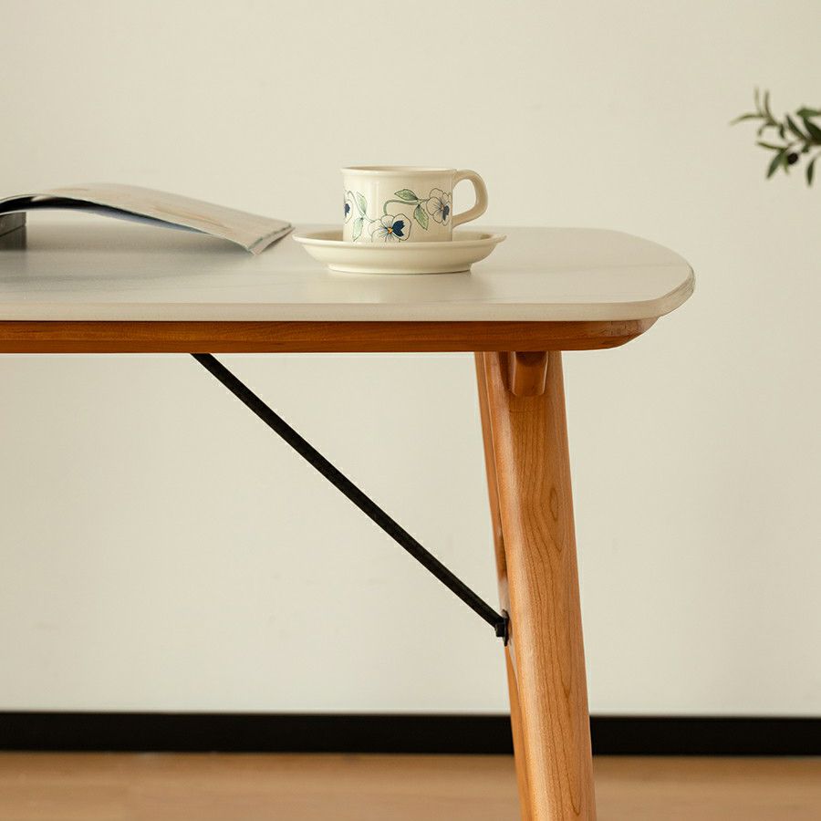 Modern Rectangular White Stone Top Dining Table with 4 Solid Wood Legs