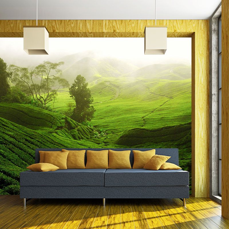 Customized Photography Modern Mural with Sunburst Above Tea Hills Pattern in Green