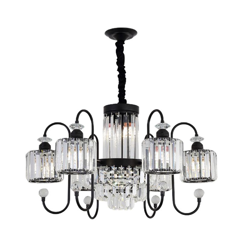 Black 6 Lights Suspension Lighting Modern Crystal Cylindrical Chandelier with Oval Arm