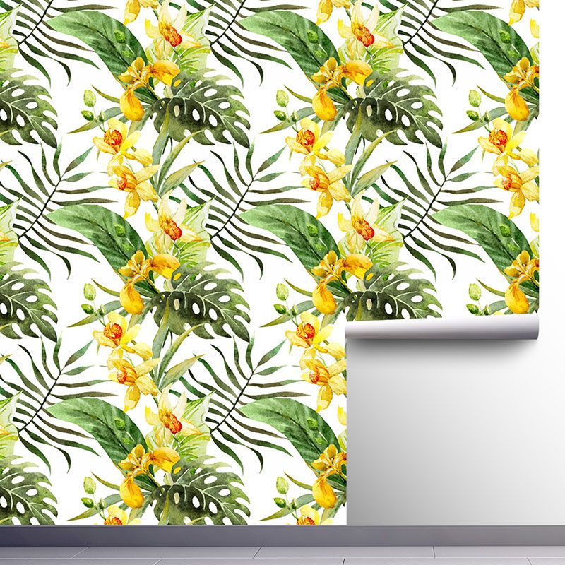Palm Leaves Wallpaper Roll for Thai Restaurant Blossoms Wall Art in Green and Yellow, Stain-Resistant, Easy to Remove