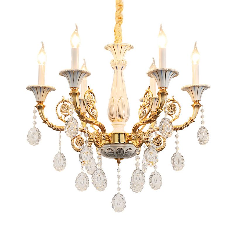 Gold Candle Chandelier Lamp Traditional Crystal 6 Heads Bedroom Ceiling Light with Ceramic Pillar and Carved Arm