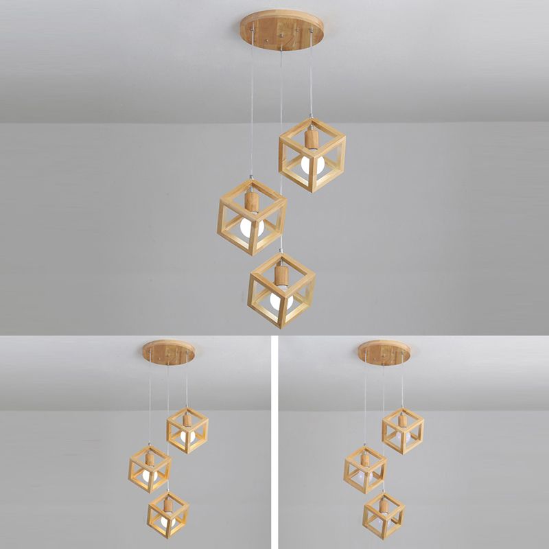 Geometric Dining Room Pendant Light Fixture Wooden Minimalist Hanging Lamp in Beige