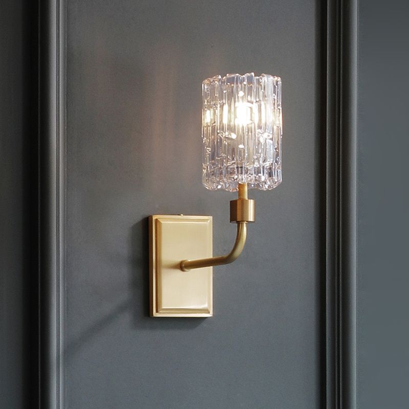 Minimalist Cylindrical Metal Sconce Light 1 Bulb Clear/Amber Crystal Wall Mount Lighting for Living Room
