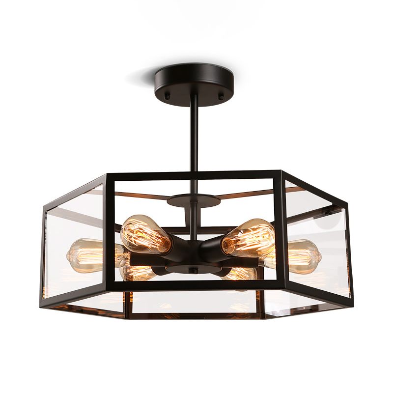 Hexagonal Glass Chandelier Light Fixture Industrial 6 Bulbs Suspension Light in Black
