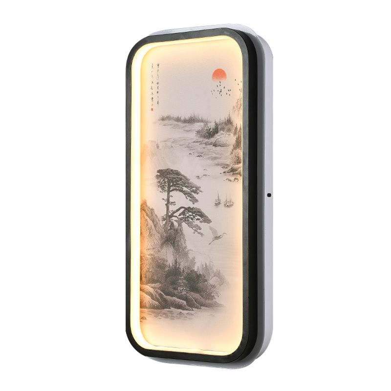 Oriental Rectangle Acrylic Pine Tree Mural Light LED Wall Lighting Idea in Black for Guest Room