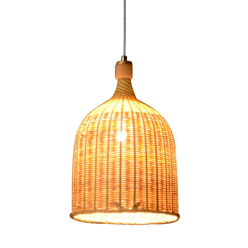 1 Head Bedroom Down Lighting Asian Flaxen Pendant Light Fixture with Cylinder Bamboo Shade