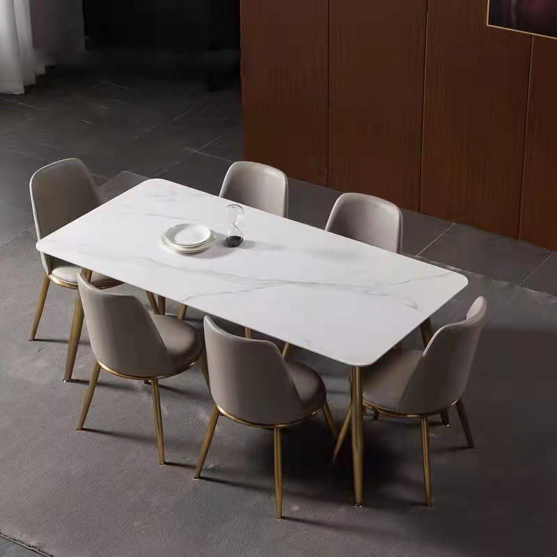 Rectangle Modern Dining Table White Sintered Stone Top Gold Metal Base Table