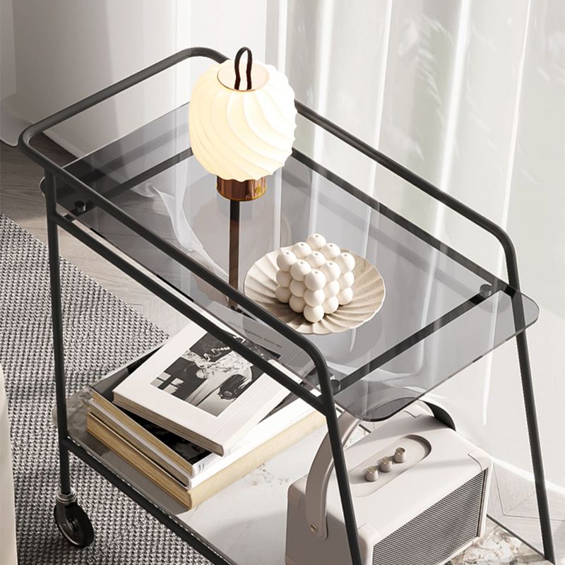 25.59" Tall Rectangle Glass Top Side Table Iron Base End Table with Shelf and Wheel