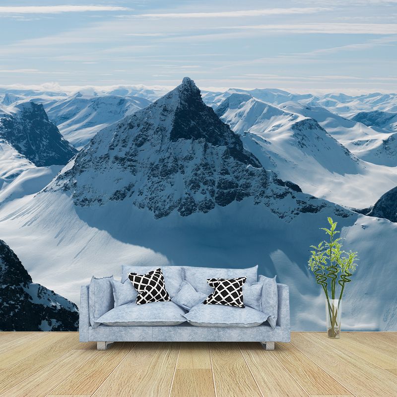 Modern Snowy Mountain Landscape Mural Blue-White Stain Resistant Wall Decor for Living Room