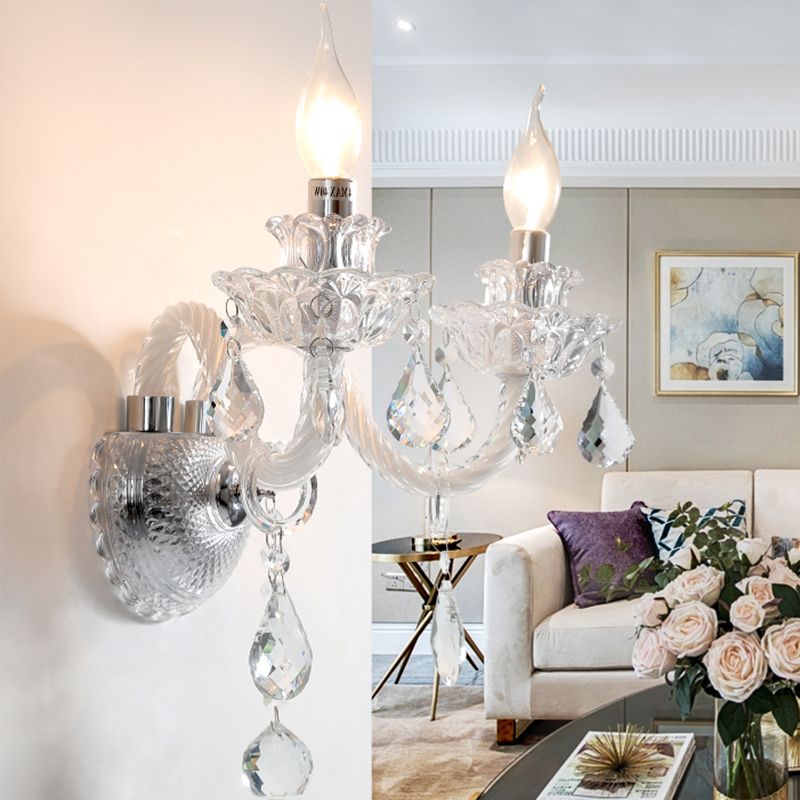2 Bulbs Wall Lighting Contemporary Candelabra Clear Faceted Crystals Wall Sconce with Droplets