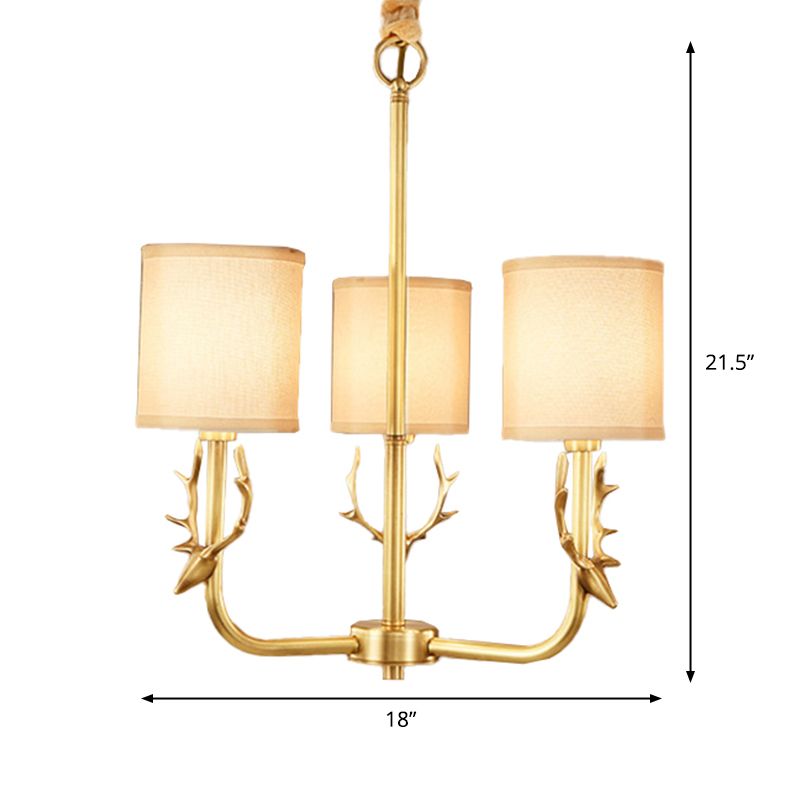 Rustic Antler Hanging Ceiling Light 3/6/8 Bulbs Metal Chandelier in Gold with Cylindrical Fabric Shade