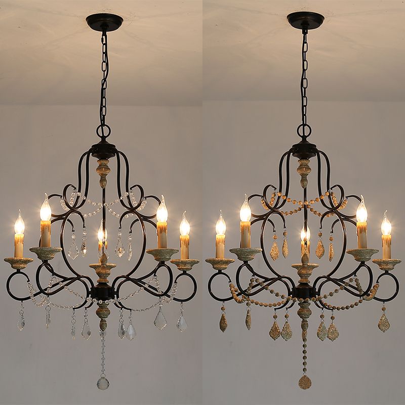 5 Bulbs Candle Hanging Lamp Countryside Distressed White Iron Chandelier Lighting with Wood Beads