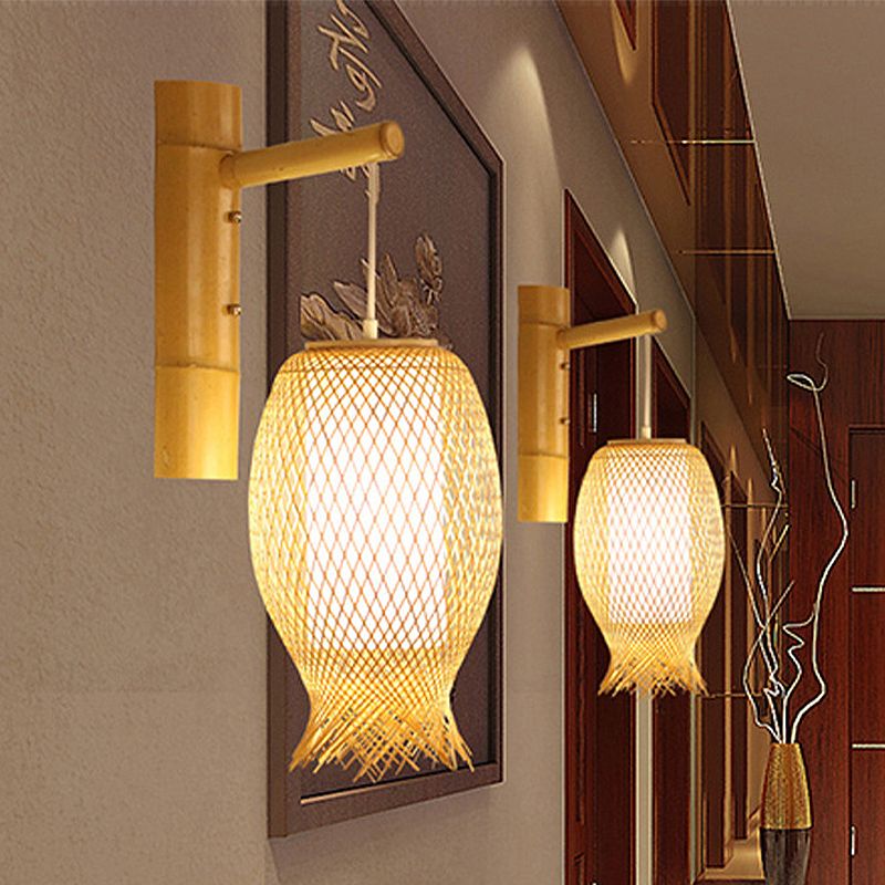 Hand Woven Bamboo Wall Sconce Lighting Asian Style 1 Bulb Beige Wall Lamp with Oblong Shade