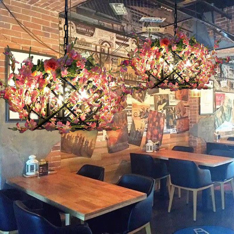 Metal Pink Flower Hanging Chandelier Candle 3 Bulbs Industrial Ceiling Light for Restaurant