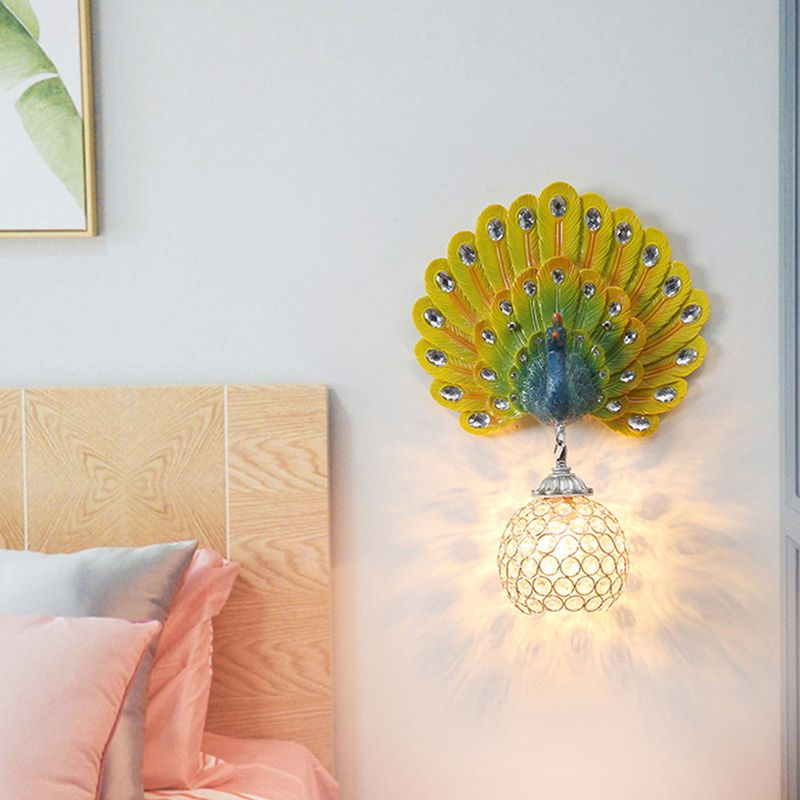 Crystal Globe Sconce Light Fixture Traditional 1 Light Bedroom Wall Mounted Light with Blue/Gold/White Peacock Backplate