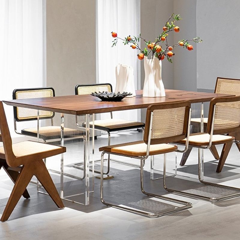 Modern Rectangular Brown Walnut Top Dining Table with Acrylic Clear Double Pedestal