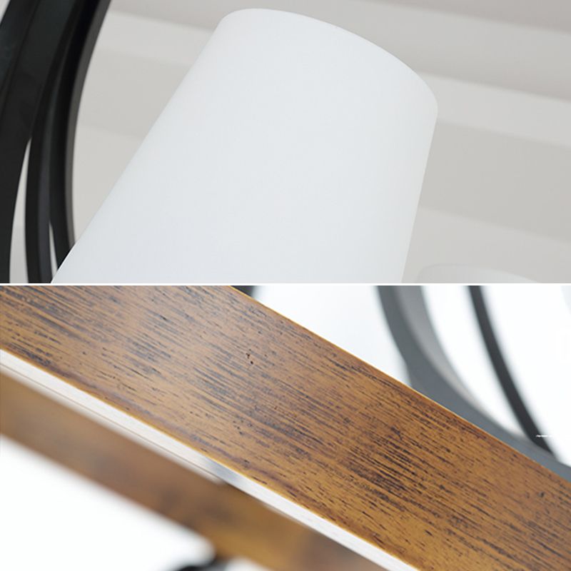 White Glass Cone Ceiling Light Fixture Rustic 4 Lights Dining Light Chandelier Light with Wooden Ring in Black