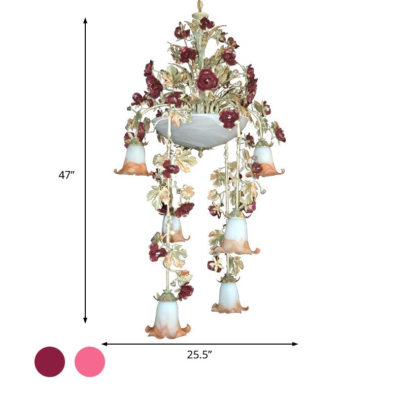 Blossom White Glass Chandelier Lighting Pastoral 10 Bulbs Bedroom LED Suspension Lamp in Pink/Red
