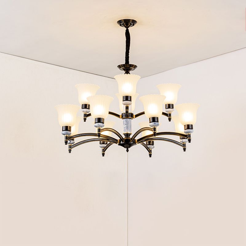 Ribbed Frosted Glass Flared Chandelier Vintage Bedroom Pendant Light with Scalloped Edge in Black
