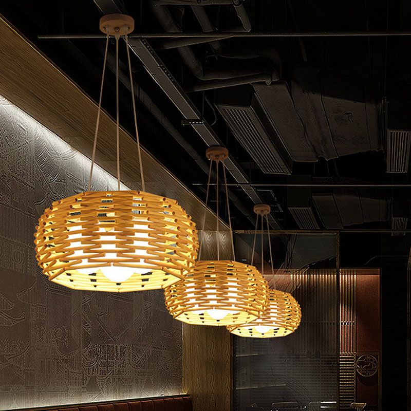 Luz colgante de colgantes de bambú asiático de lámpara de techo de nido de pájaros de madera con sombra de vidrio de ópalo de huevo