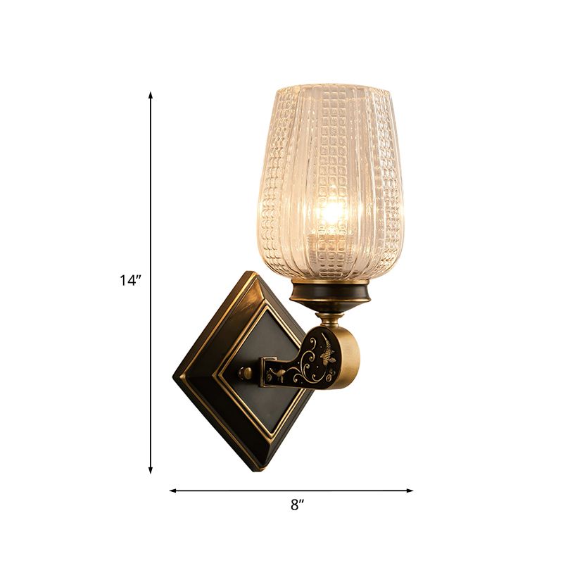 Prismatic Glass Cup-Like Sconce Light Minimalism 1 Bulb Living Room Wall Mounted Lamp with Rhombus Backplate in Black and Gold