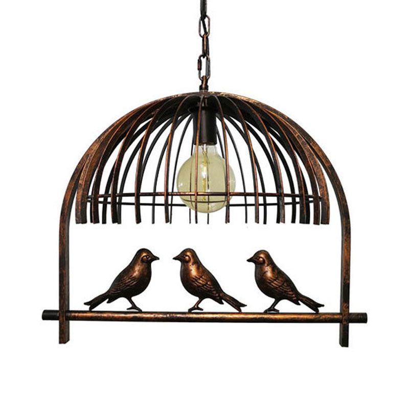 Single Head Ceiling Light Countryside Cage Style Metallic Hanging Lamp Kit with Bird Decoration in Bronze