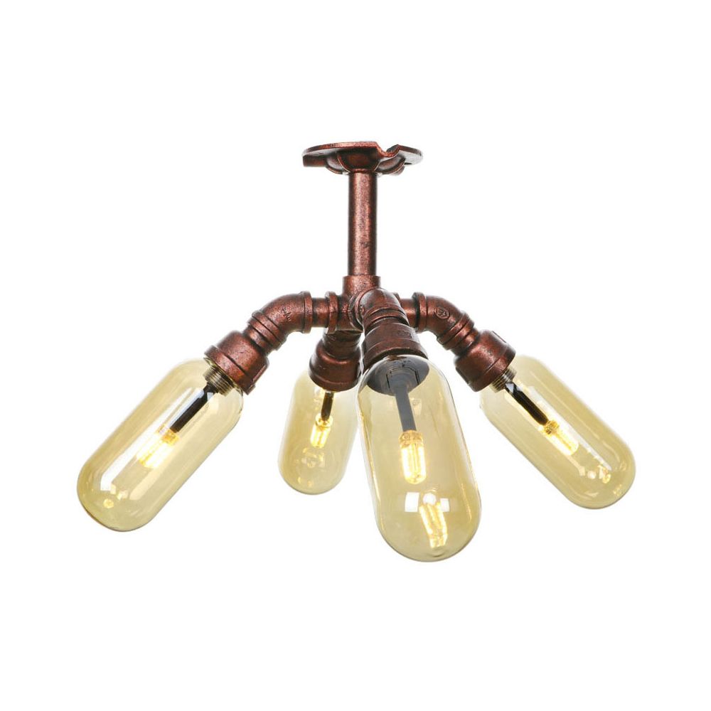 Antique Copper 4/6 Lights Ceiling Mount Rustic Style Amber Glass Sputnik Semi Flush Light