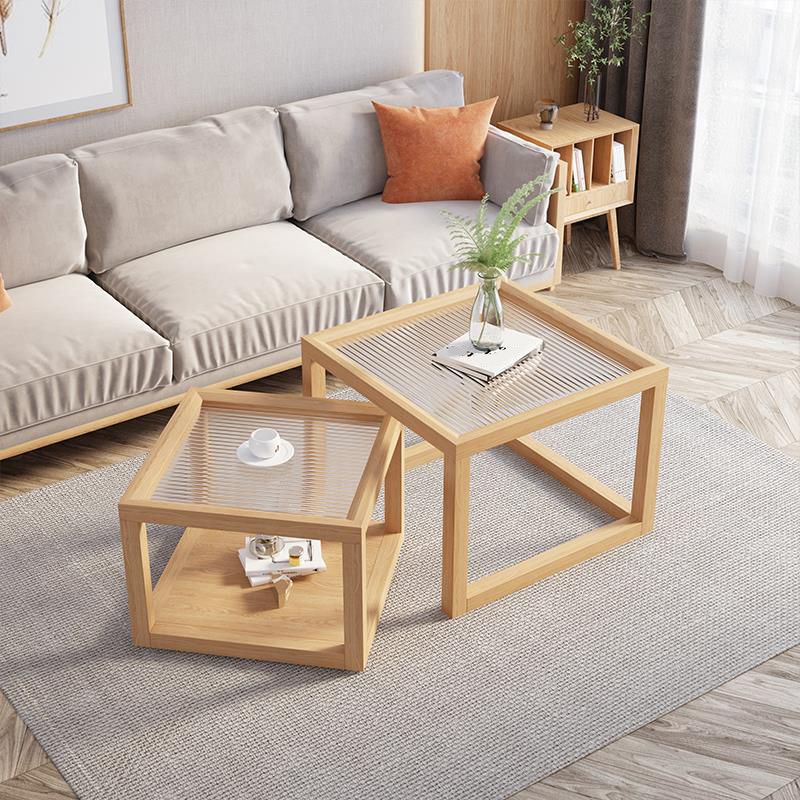 Contemporary Rectangle Coffee Table with Glass Top and Pine Wood Base